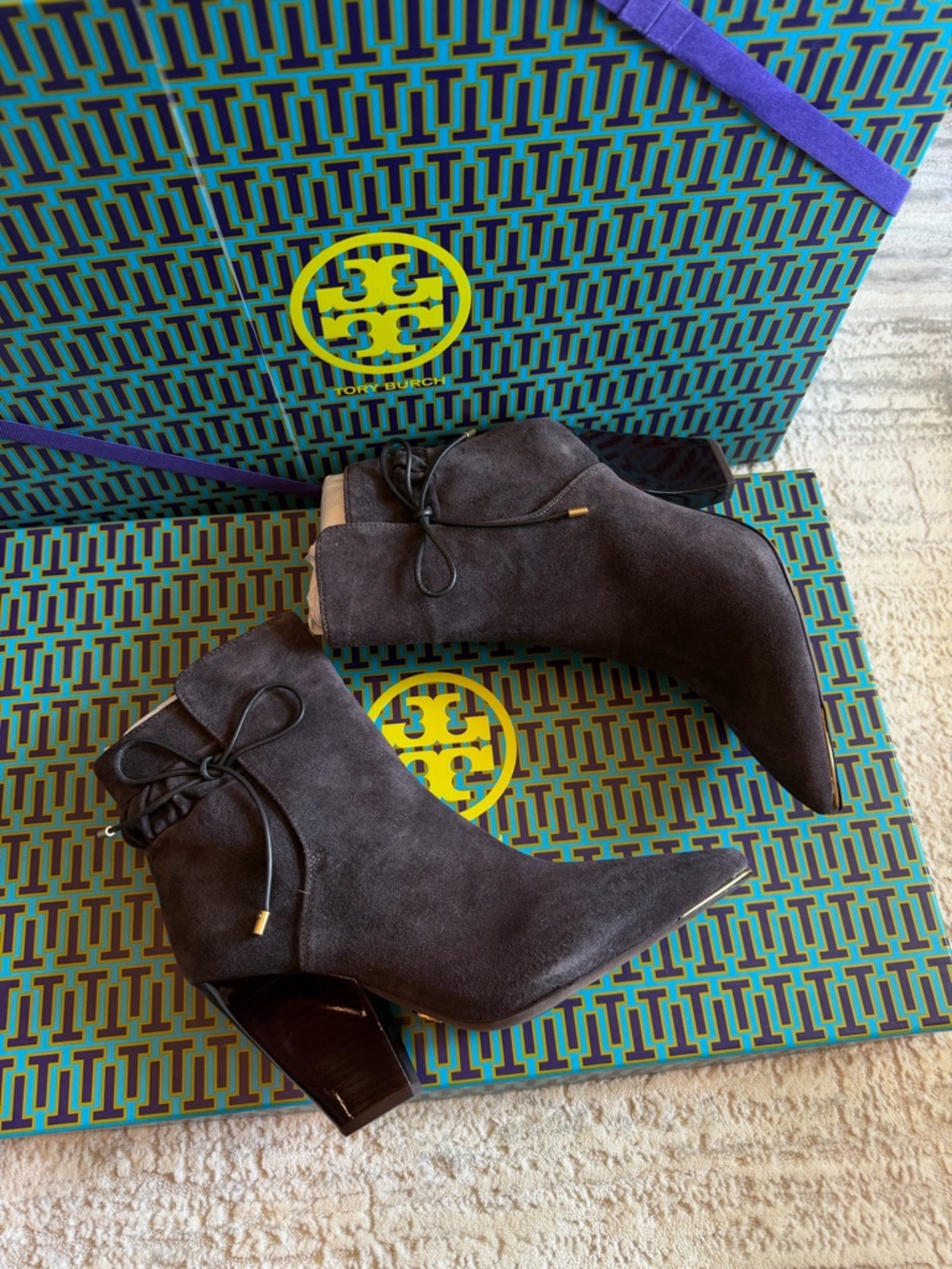 Tory Burch Lila Dark Gray Suede Pointed Toe Ankle Bootie